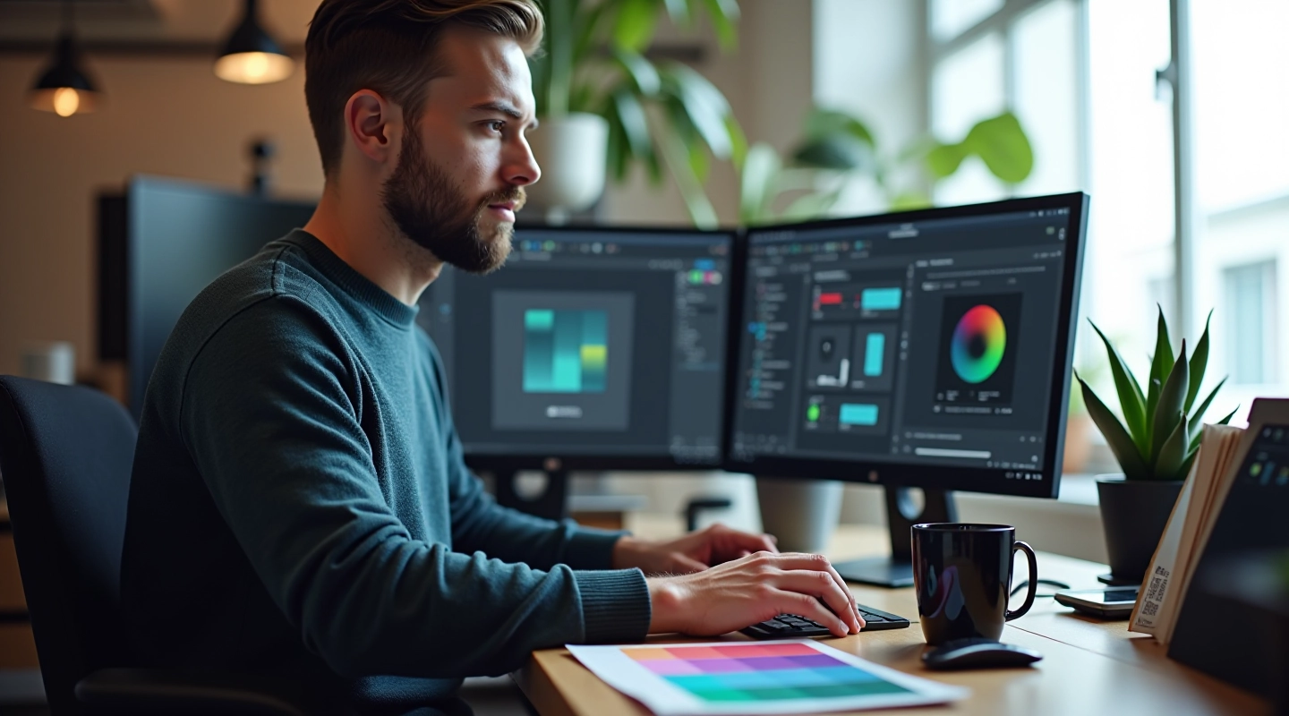 Designer implementing dark mode in React application with code editor and component preview visible