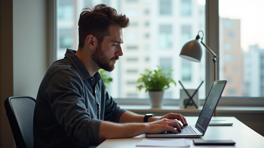 Designer working on laptop with design tokens visible in interface, color swatches and typography samples organized on screen